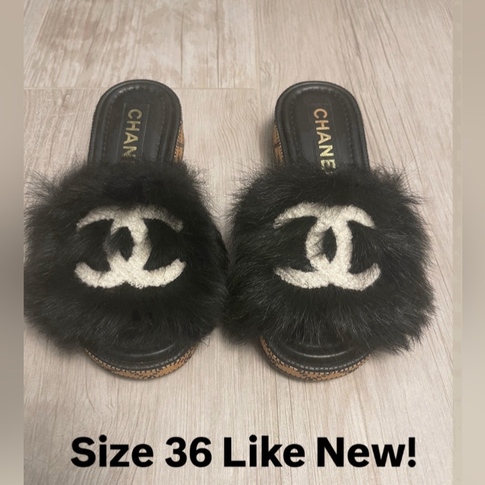 Chanel Black and White Fur Slippers